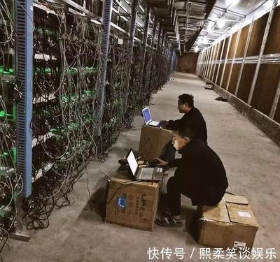 Large-scale cryptocurrency mining farm with rows of mining rigs